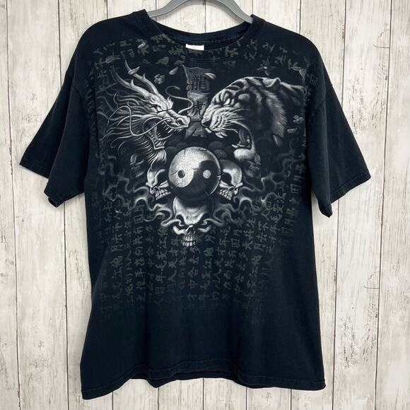 Y2K Dragon Vs Tiger Yin Yang Black White Liquid Blue Graphic T-Shirt 2000s Large - Picture 1 of 10